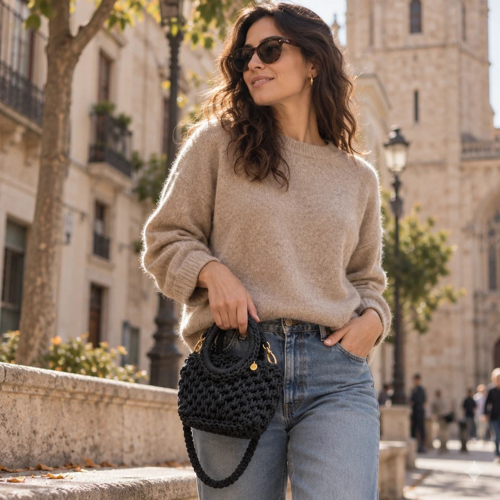 Bolso de Mano Agadir Mini | Create an ultra-photorealistic commercial photograph featuring the uploaded Bolso de Mano Agadir Mini in the provided image as the hero product.