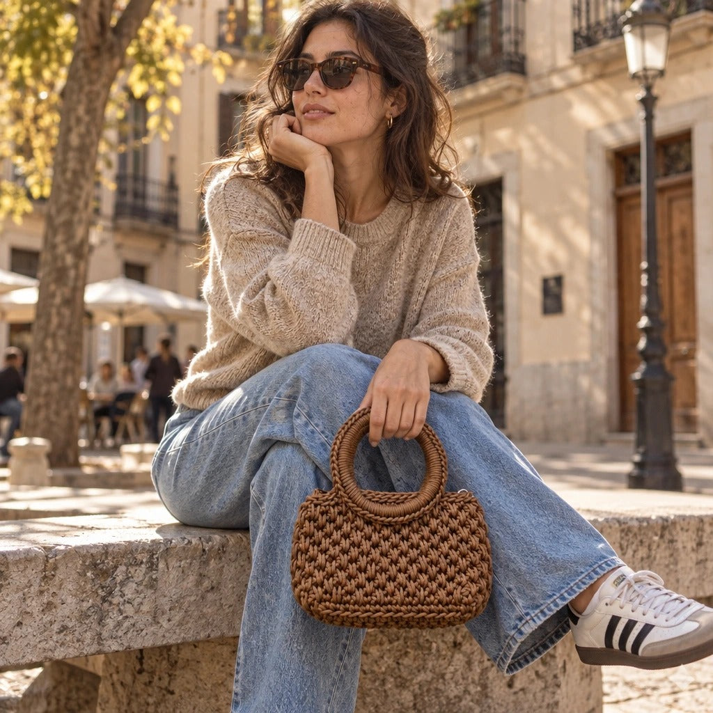 Bolso de Mano Agadir Mini | Create an ultra-photorealistic commercial photograph featuring the uploaded Bolso de Mano Agadir Mini in the provided image as the hero product.