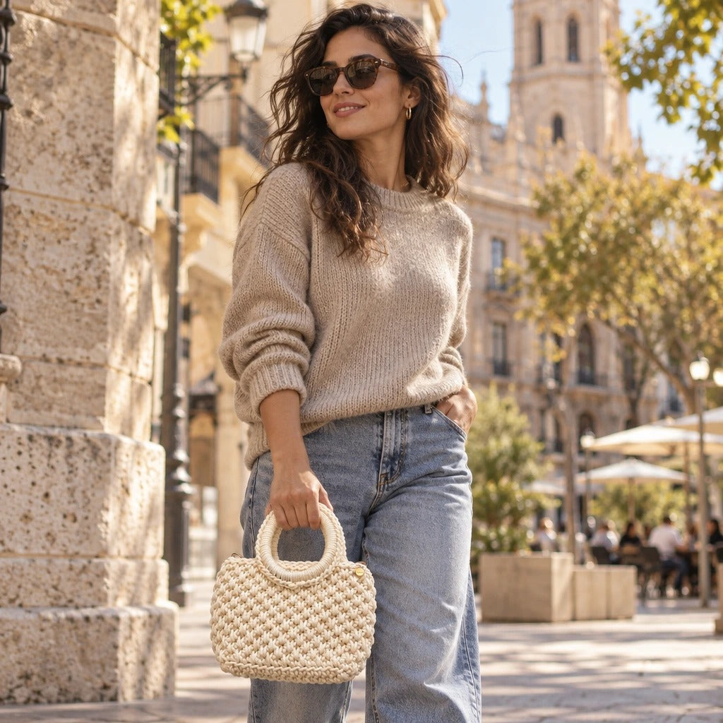 Bolso de Mano Agadir Mini | Create an ultra-photorealistic commercial photograph featuring the uploaded Bolso de Mano Agadir Mini in the provided image as the hero product.