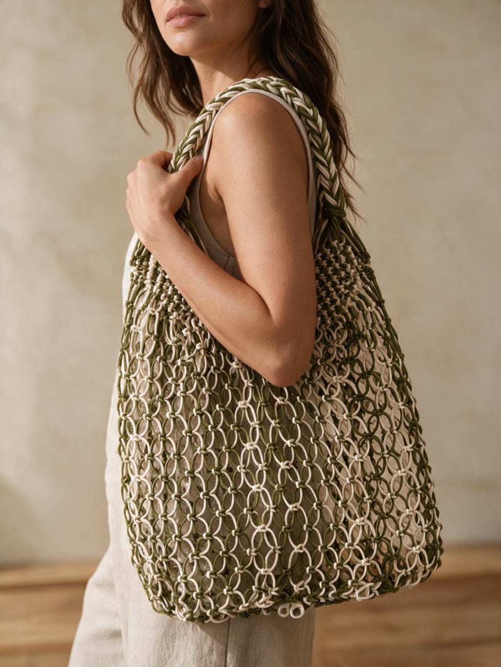 Bolso de mano LamuJoyas de rejilla artesanal en cordón náutico verde y beige con asa trenzada al hombro.