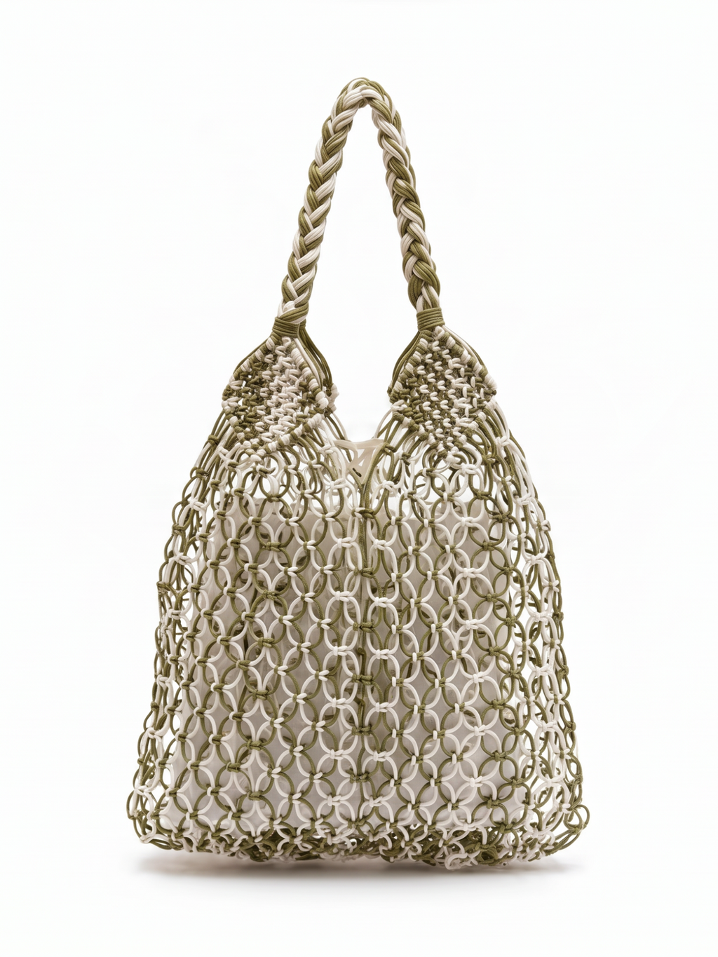 Bolso de mano LamuJoyas de rejilla en cordón náutico verde y blanco con diseño artesanal trenzado y asa integrada.