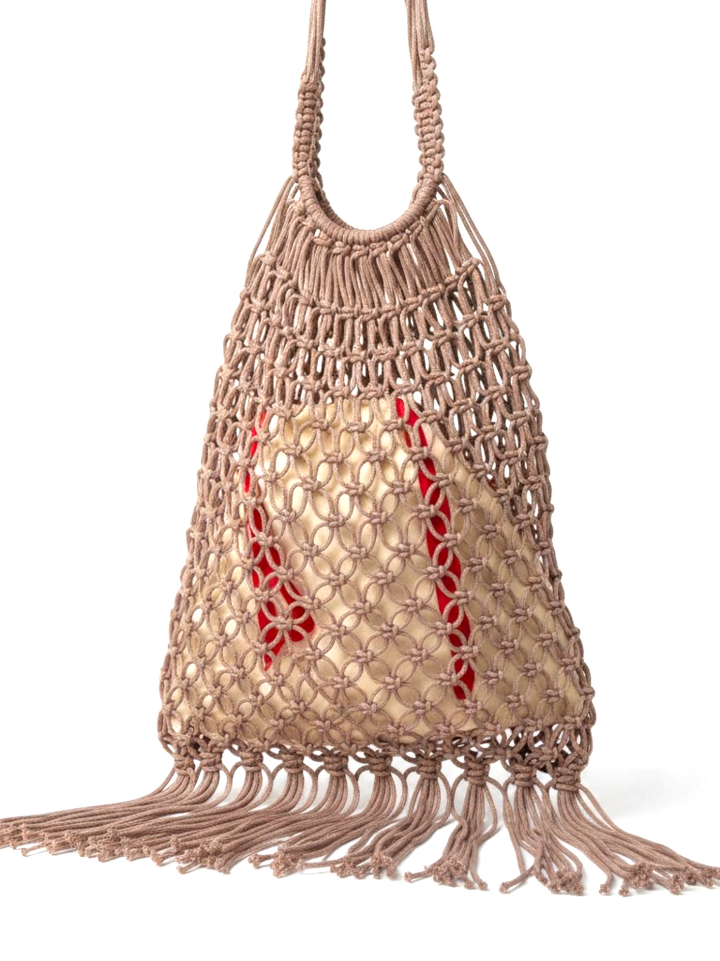 Bolso LamuJoyas de rejilla artesanal en cordón náutico color arena con flecos y bolsa interior de algodón