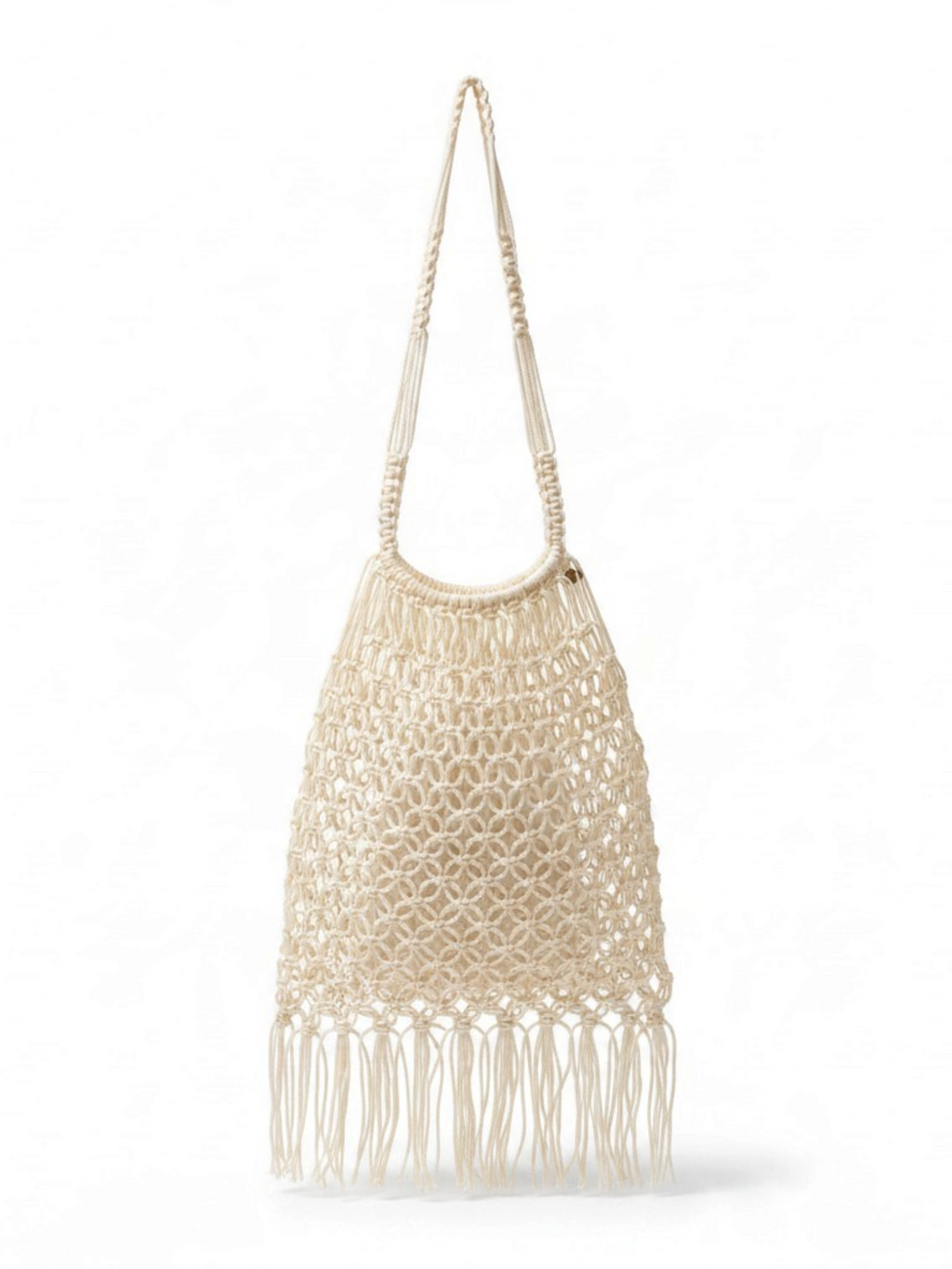 Bolso LamuJoyas de rejilla en cordón náutico color crema con flecos y asa trenzada, diseño artesanal estilo boho.