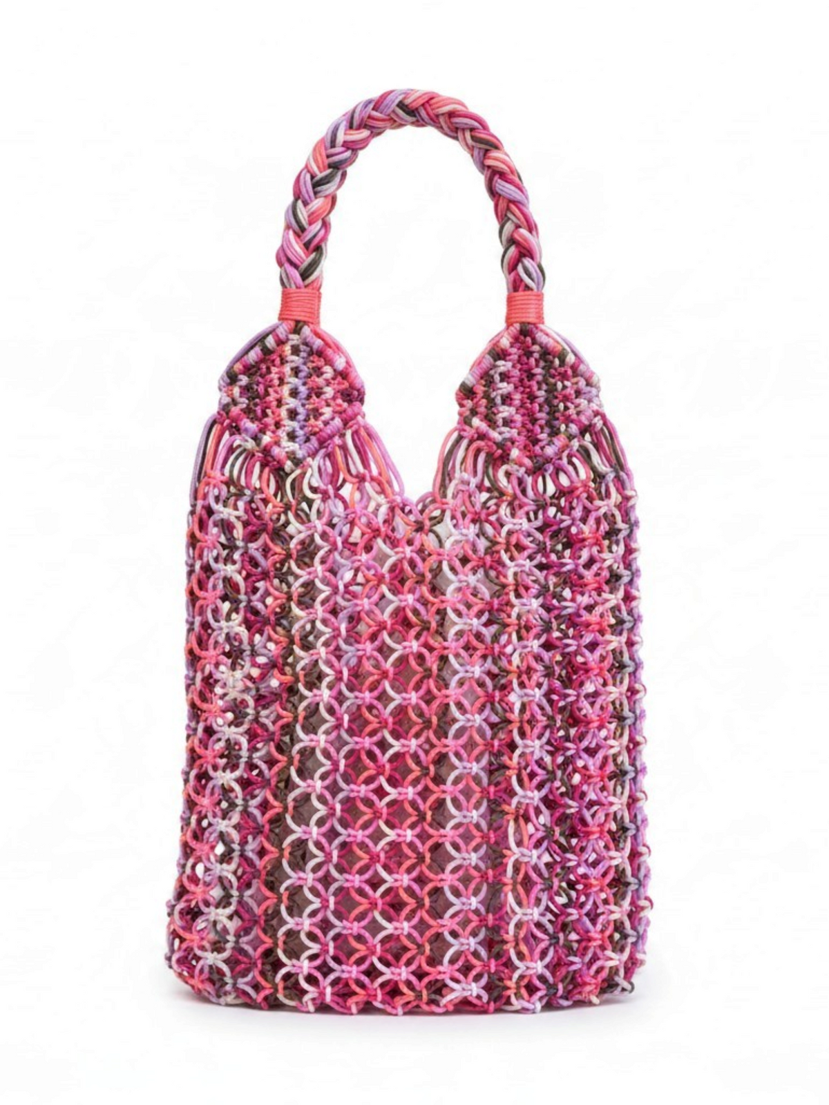 Bolso de mano LamuJoyas de rejilla en tonos rosas, tejido a mano con cordón náutico y asa trenzada resistente.