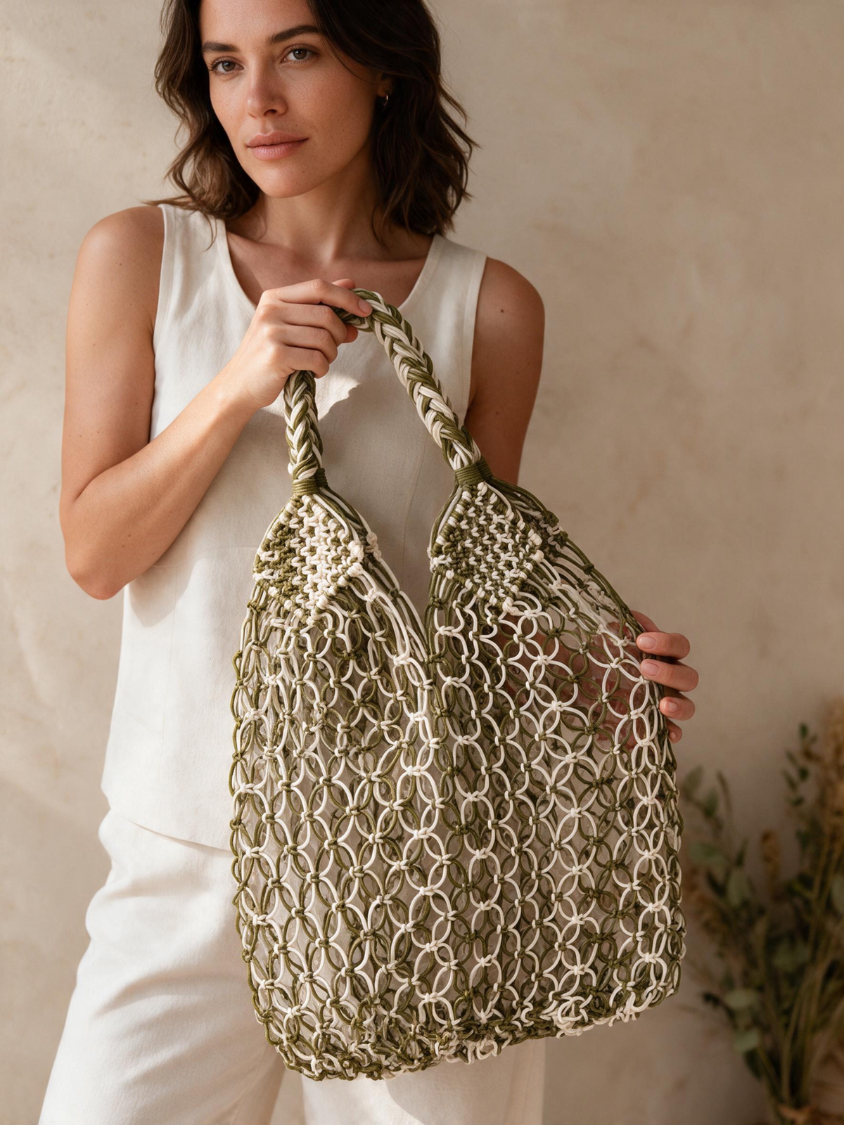 Bolso de mano LamuJoyas de rejilla artesanal en cordón náutico verde y blanco con asa trenzada.