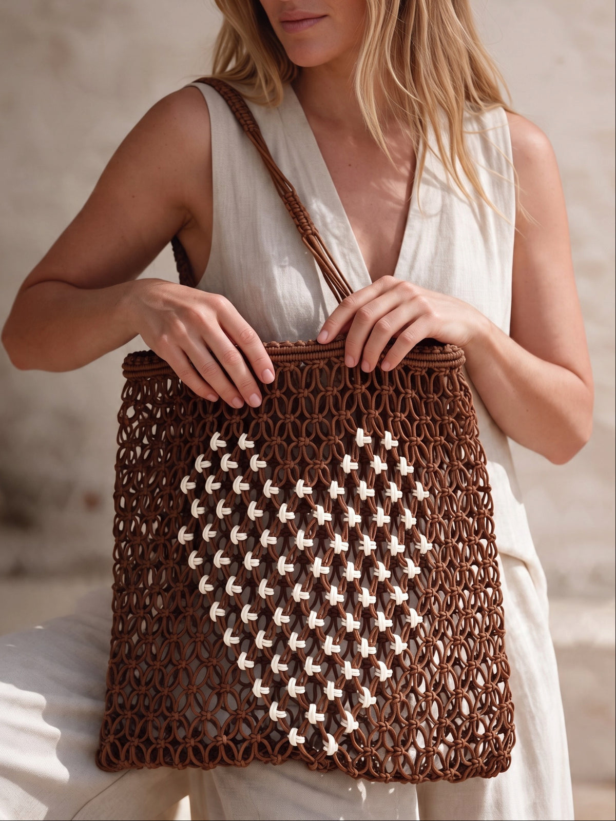 Bolso tote LamuJoyas de rejilla marrón con diseño de corazón, tejido a mano en cordón náutico con asa y correa.
